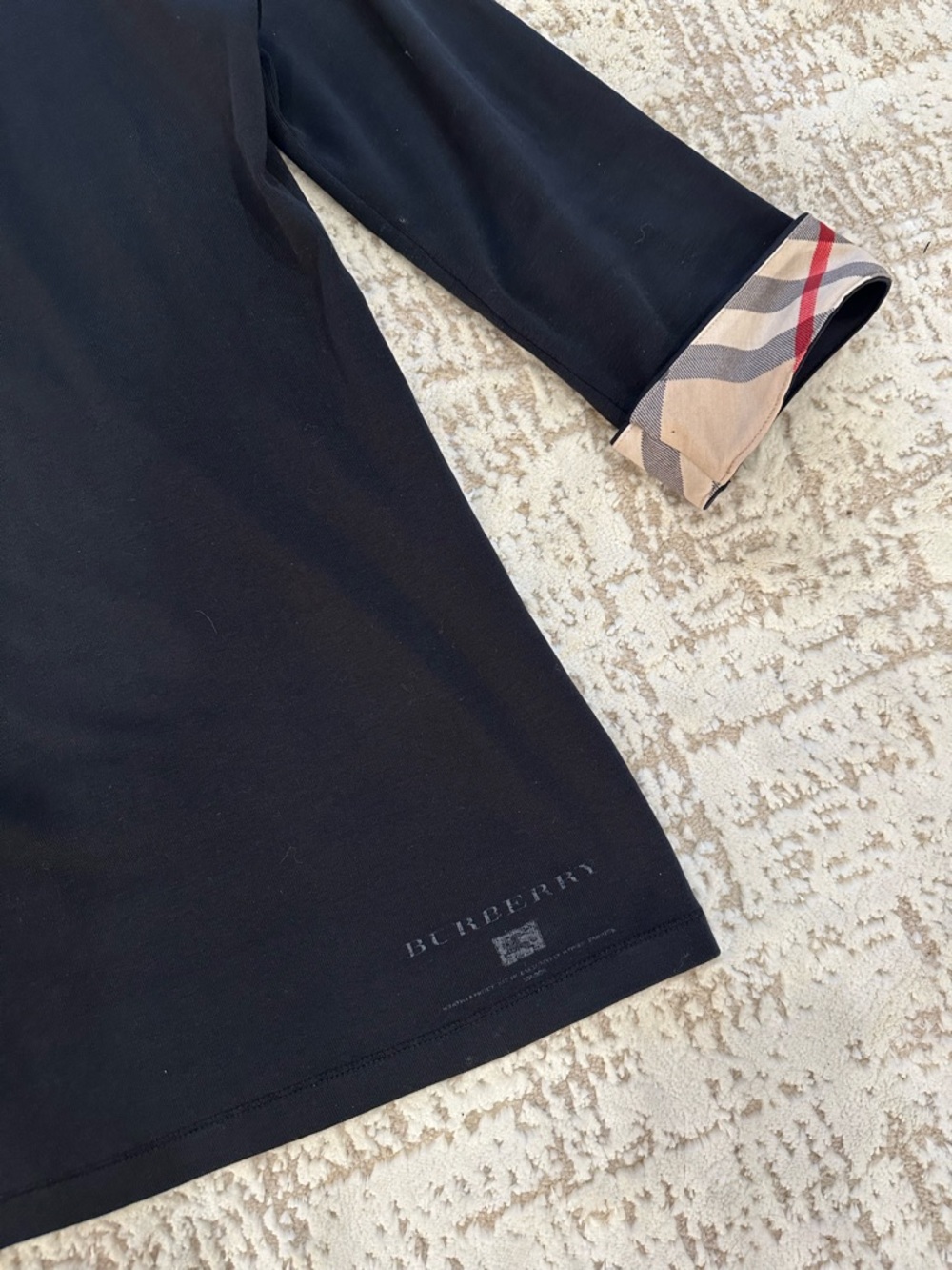 Burberry Brit Black 3/4 Sleeve Top Nova Check Cuffs Scoop Neck Stretch Tee XL - Picture 4 of 8